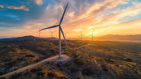 A field of wind turbines with the sun setting in the backgroundの素材