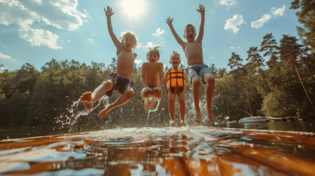 A group of children are playing in the water, jumping and splashing aroundの素材