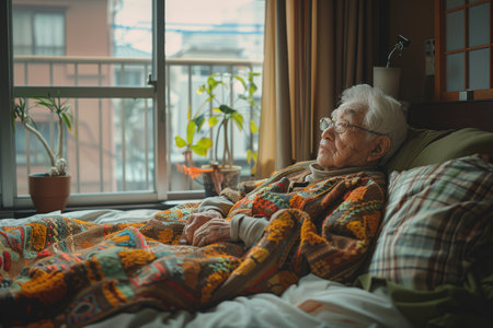 An elderly man is sitting in bed with a blanketの素材