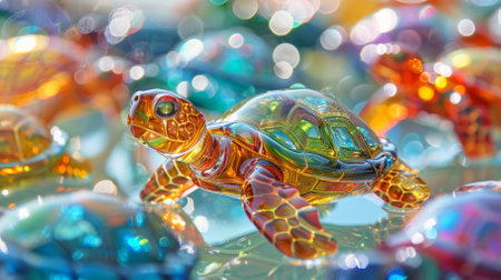 A turtle is sitting on a surface with other turtlesの素材