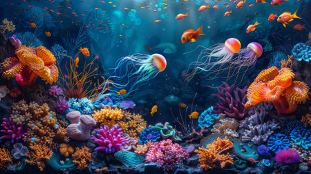 A colorful underwater scene with many fish and coralの素材