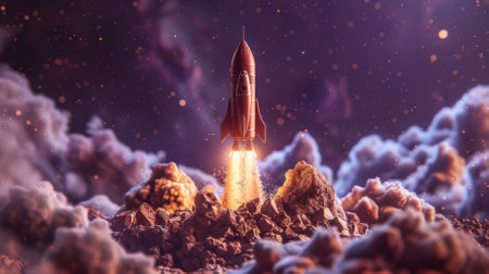A rocket is flying through a cloud of dust and debris. Business Startup conceptの素材