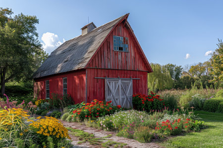 A rustic barn with a red door and a large porchの素材