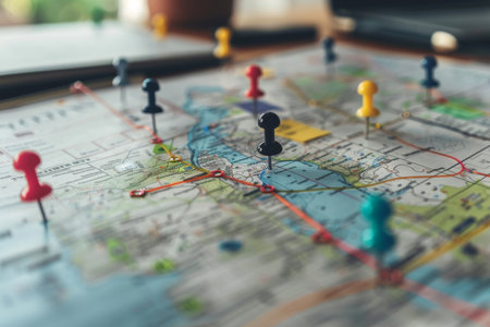 A map with many pins on it, some of which are yellow, red, and green. The pins are placed at various points on the map, indicating different locationsの素材