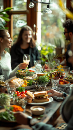 A group of people are sitting around a long table with a variety of food and drinks. The atmosphere is lively and social, with everyone enjoying each other's companyの素材