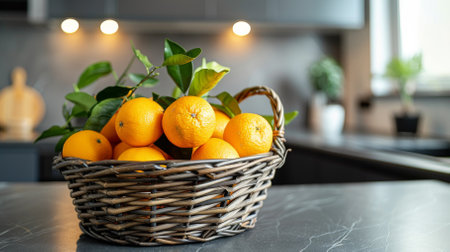 A basket of oranges sits on a table in a kitchen. The oranges are ripe and ready to eatの素材