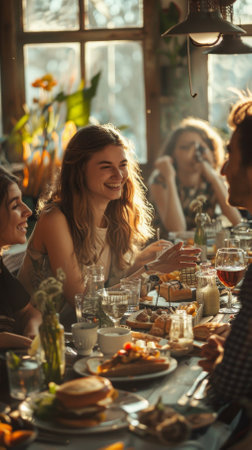 A group of people are sitting around a long table with a variety of food and drinks. The atmosphere is lively and social, with everyone enjoying each other's companyの素材