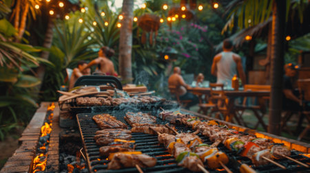 A grill full of meat and vegetables, including shrimp and mushrooms. Scene is that of a barbecue, with the food being cooked on a grillの素材