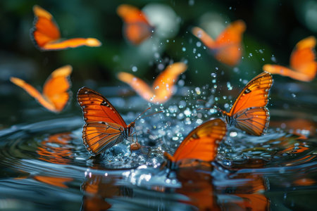 A group of butterflies are flying in the air and splashing water. Concept of freedom and joy, as the butterflies are free to fly and explore their surroundingsの素材