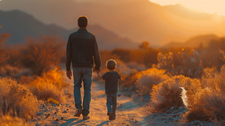 A man and a child are walking together in a desert. The man is holding the child's hand, and they are both looking up at the skyの素材