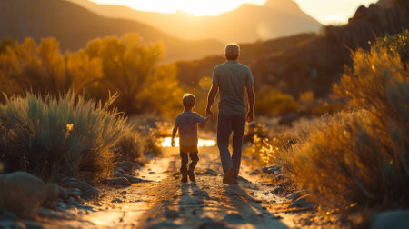 A man and a child are walking together in a desert. The man is holding the child's hand, and they are both looking at the sun. The scene is peaceful and serene, with the sun setting in the backgroundの素材