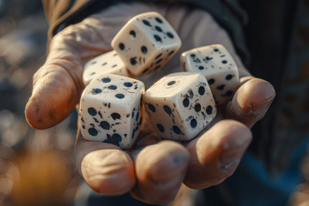 A hand is holding a bunch of dice, including a red, blue, and green one. The image has a playful and fun moodの素材