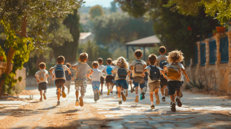 A group of children are running on a dirt road. The children are wearing a variety of colors and are running in different directions. Scene is energetic and playfulの素材
