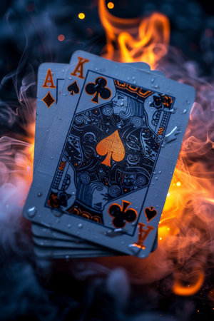 A card with a spade on it is lit on fire and surrounded by smoke. Concept of danger and excitement, as the fire and smoke create a dramatic and intense atmosphere. The card itself is a symbol of luckの素材