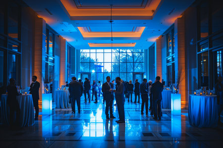 A large group of people are standing in a large room with blue lightsの素材
