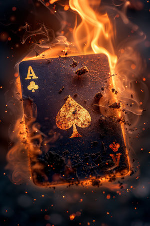 A card with a spade on it is lit on fire and surrounded by smokeの素材