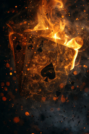 A card with a spade on it is lit on fire and surrounded by smokeの素材