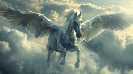 A white horse with wings flying through the sky. Scene is one of freedom and adventureの素材