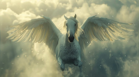 A white horse with wings flying through the sky. Scene is one of freedom and graceの素材
