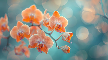 A close up of a branch with orange flowers on it. The flowers are in full bloom and the branch is surrounded by a blue background. Concept of serenity and beautyの素材