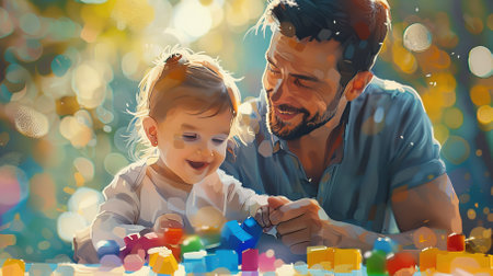 A man and a little girl are playing with blocks. Scene is happy and playfulの素材