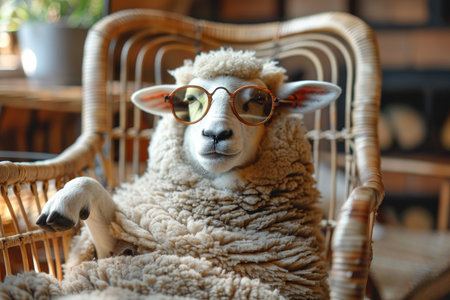 A sheep wearing glasses is sitting in a chair. The sheep is wearing a pair of glasses and he is relaxed and comfortableの素材