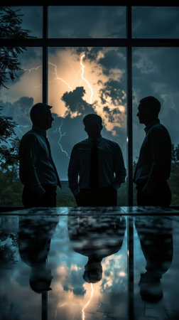 Three men are standing in front of a window, with a lightning bolt in the background. Scene is tense and dramatic, as the men seem to be in the middle of a stormの素材
