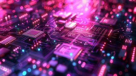 A computer chip with a purple background. The chip is made up of many small squares. The squares are all different colors and sizesの素材