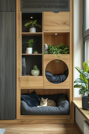 A cat is sleeping in a cat bed in a room with a wooden shelf and a potted plant.の素材