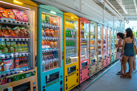 A group of people are standing in front of a row of colorful vending machines. The machines are filled with a variety of drinks and snacks, including some that are labeled with foreign writingの素材