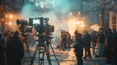 A group of people are standing on a wet street with a camera crew filming them. Scene is tense and serious, as the people are being filmed for a movie or TV showの素材