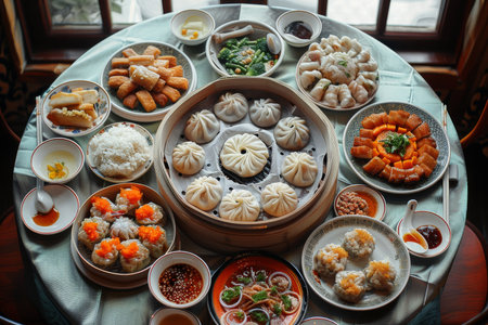 A table full of Chinese food with many different dishes. The table is set with plates, bowls, and spoonsの素材