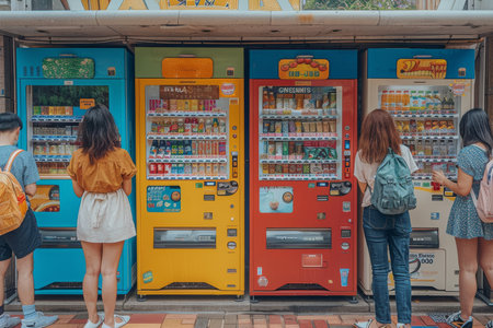 A group of people standing in front of vending machines. The vending machines are colorful and have different colored buttonsの素材