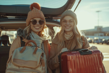 Two women are smiling and holding their luggage, one of which is a red suitcaseの素材