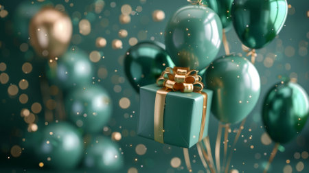 A green box with a gold bow is floating in the air among a bunch of green balloons. The scene is festive and celebratory, likely representing a birthday or other special occasionの素材