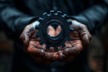A man is holding a black gear in his hand. The gear is dirty and has a metallic look to it. Concept of industrial work and the importance of machinery in our daily livesの素材