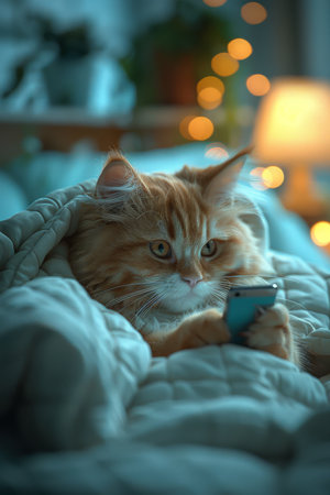 A cat is laying on a bed and looking at a cell phone. The cat appears to be curious about the phone and is possibly trying to figure out what it is. The scene has a playful and lighthearted moodの素材