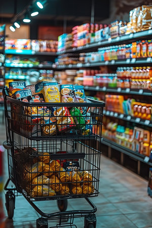 A shopping cart full of snacks and drinks in a store.の素材