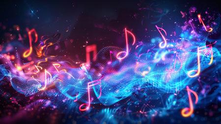 A colorful, abstract image of musical notes in a stream of light. Scene is energetic and dynamic, with the notes appearing to be in motionの素材