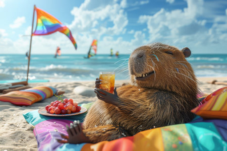 A monkey is laying on a beach with a glass of orange juice in its hand. The scene is bright and cheerful, with a colorful beach blanket and a rainbow flag in the backgroundの素材