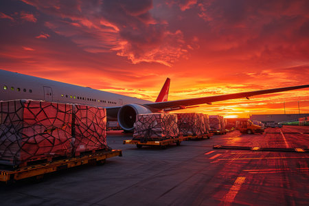 The sky is orange and the sun is setting, creating a warm. Logistic concept.の素材