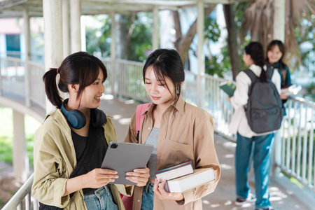 asian student socializing with tablet and books on campus walkway. university conceptの写真素材