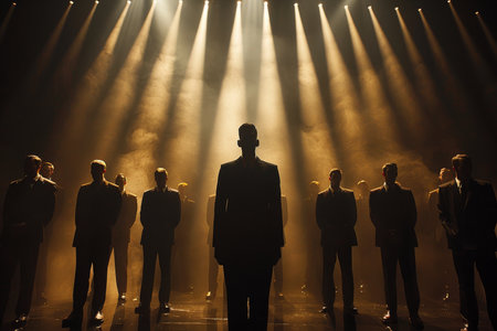 A group of men stand in a line, with one man in the centerの素材