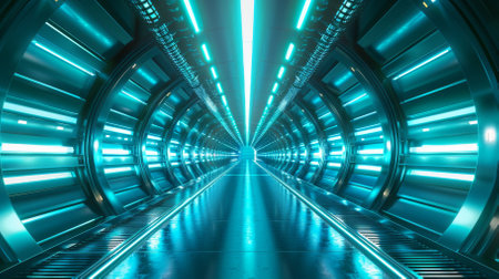 A long, narrow tunnel with neon lights shining down on itの素材