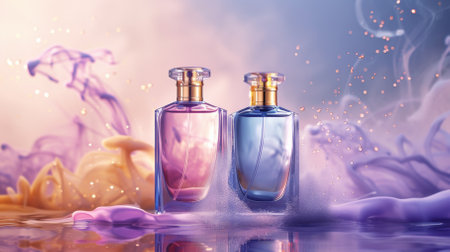 Two bottles of cologne are displayed on a table, one of which is blueの写真素材
