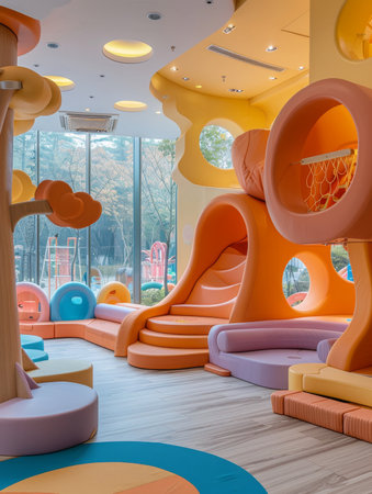 A brightly colored playroom with a tree and a slideの写真素材