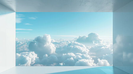 A large window in a building offers a view of a cloudy skyの素材