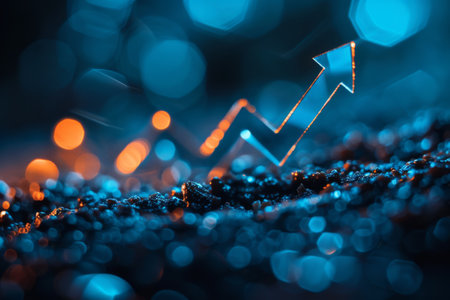 A graph with a blue line and orange lines that are pointing upwardsの素材