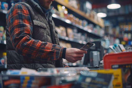 A man is standing in a store, looking at a credit card machine. payment and purchaseの素材