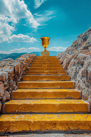 A golden staircase leading to a sky with cloudsの素材